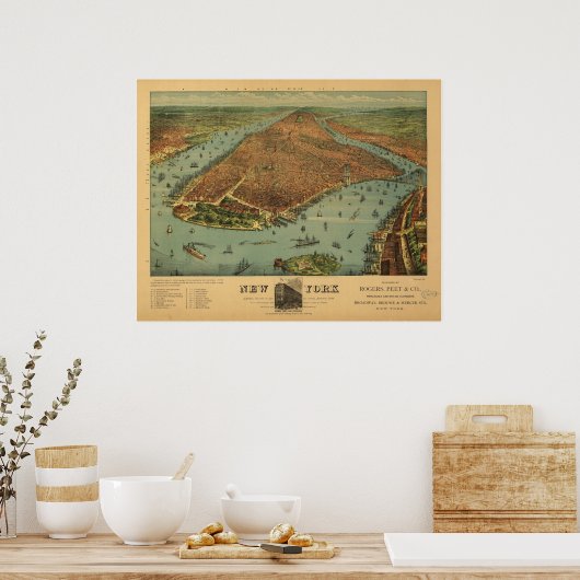 1879 New York City NY Birds Eye Panoramablick Kart Poster (Küche)