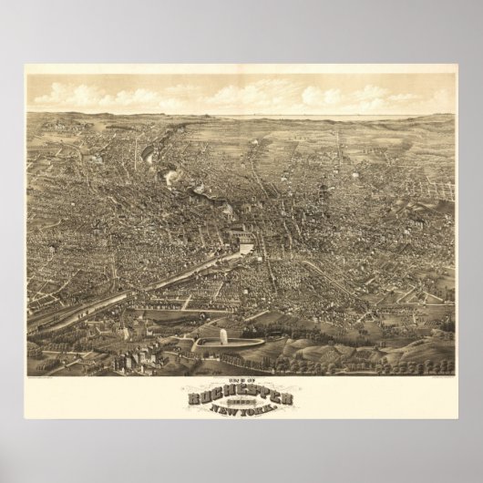 1880 Rochester, NY Birds Eye View Panorama Karte Poster (Vorne)