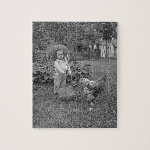 1880er Jahre Süßes Mädchen und Hahn-Karren im Gart Puzzle