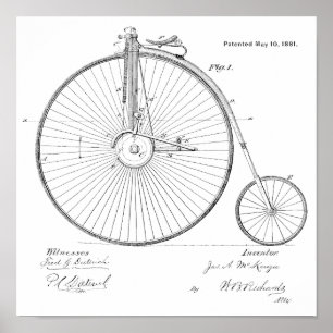 1881 Vintage High Wheeler Fahrrad Patent Kunst Dru Poster