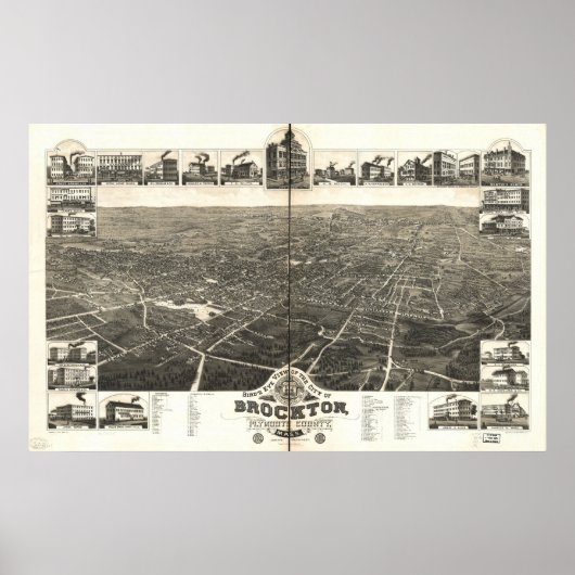 1882 Brockton, MA Birds Eye Panoramablick Karte Poster (Vorne)