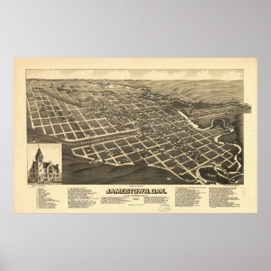 1883 Jamestown, ND Birds Eye Panoramablick Karte Poster (Vorne)