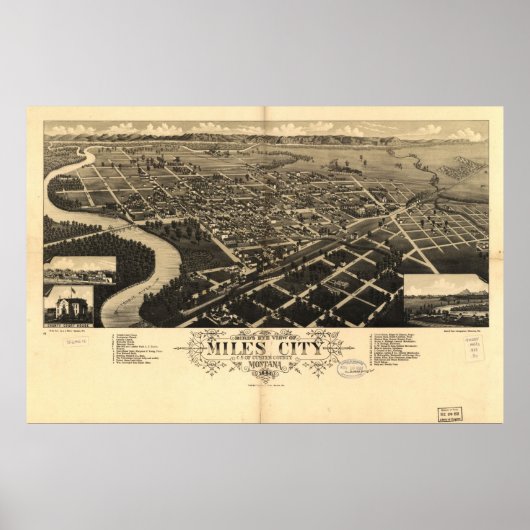 1883 Miles City, MT Birds Eye Panoramablick Karte Poster (Vorne)