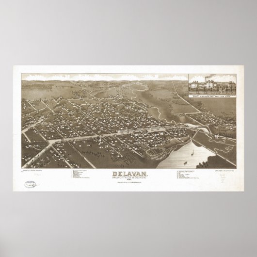 1884 Delavan, WI Birds Eye Panorama Karte Poster (Vorne)