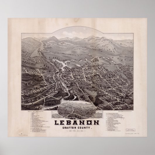 1884 Libanon, NH Birds Eye Panoramablick Karte Poster (Vorne)