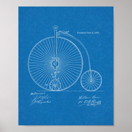 1885 High Wheeler Fahrrad Design Patent Kunst Druc Poster (Vorne)