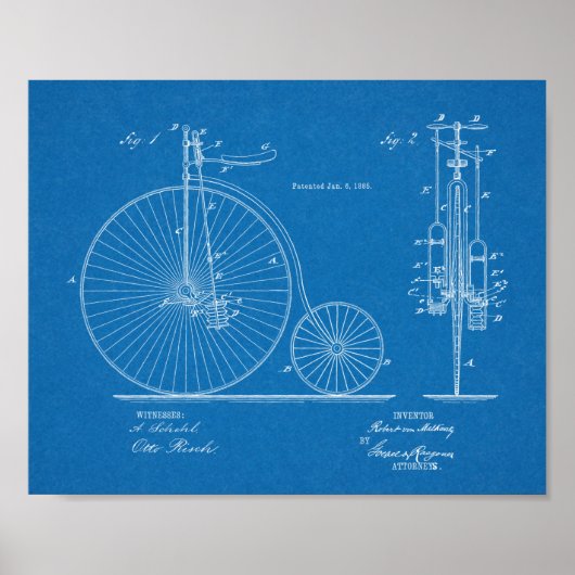 1885 High Wheeler Fahrrad Design Patent Kunstposte Poster (Vorne)