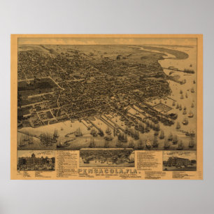 1885 Pensacola, FL Birds Eye Panoramablick Karte Poster