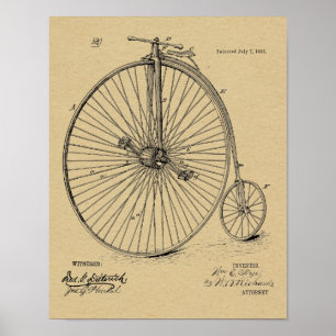1885 Vintage High Wheeler Fahrrad Patent Kunst Dru Poster