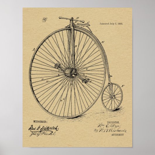 1885 Vintage High Wheeler Fahrrad Patent Kunst Dru Poster (Vorne)