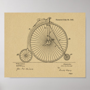 1885 Vintage High Wheeler Fahrrad Patent Kunst Dru Poster