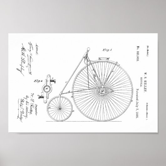1885 Vintages Fahrradpatent für hohe Räder Poster (Vorne)