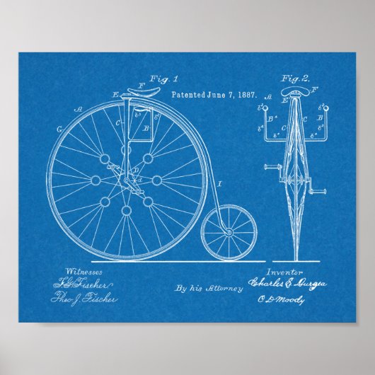 1887 Entwurf des Hoch-Rad-Fahrraddesigns Kunst Dru Poster (Vorne)