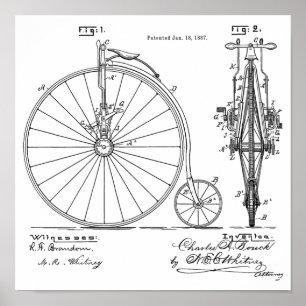 1887 Vintage High Wheeler Fahrrad Patent Kunst Dru Poster