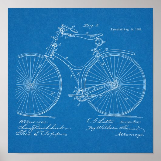 1888 Vintage Bicycle Design Patent Art Print Poster (Vorne)