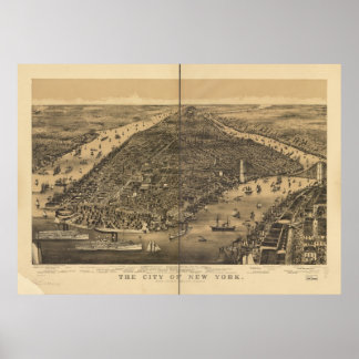 1889 New York City NY Birds Eye Panoramablick Kart Poster