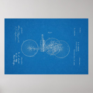 1889 Vintages Dampftricycle Patent Blueprint Art Poster