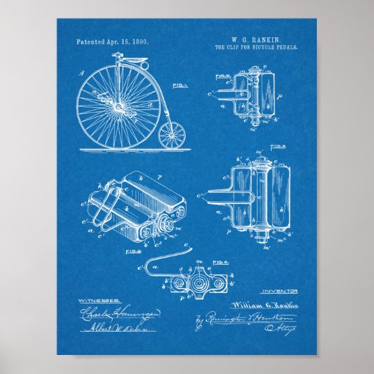 1890 Bicycle High Wheeler Pedal Design Patent Art Poster (Vorne)