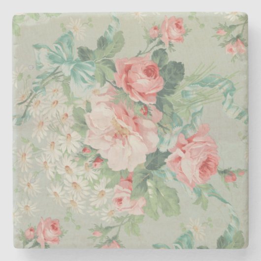 1890 Britische Vintage Fabric Rose & Daisies Steinuntersetzer (Vorderseite)