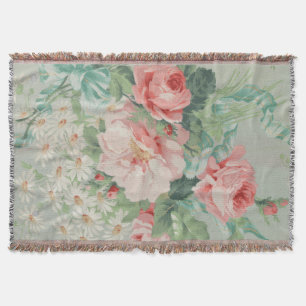 1890 britischer Vintage-Stoff Rosen & Gänseblümche Decke