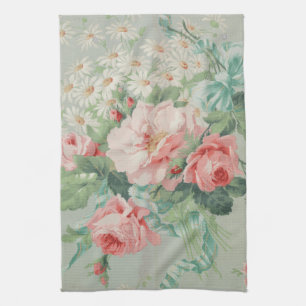1890 britischer Vintage-Stoff Rosen & Gänseblümche Geschirrtuch