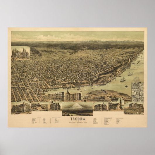1890 Tacoma, WA Birds Eye Panorama Karte Poster (Vorne)