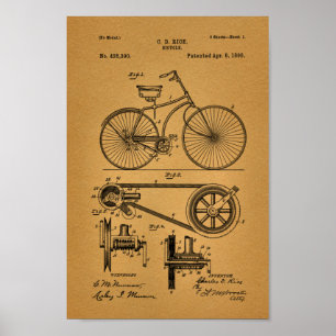 1890 Vintage Bicycle Gears Patent Art Print Poster