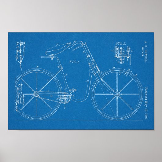 1891 Bicycle Patent Art Zeichnend Print Poster (Vorne)