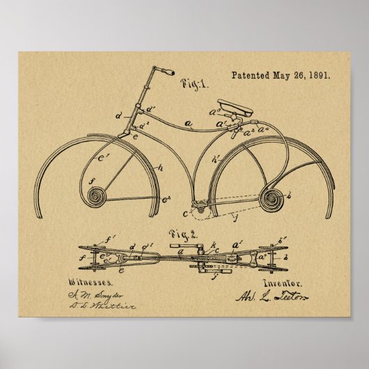 1891 Bicycle Spring Rahmen Design Patent Art Print Poster (Vorne)