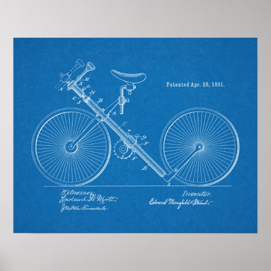 1891 Vintages Fahrrad Patent Blueprint Art Print Poster (Vorne)