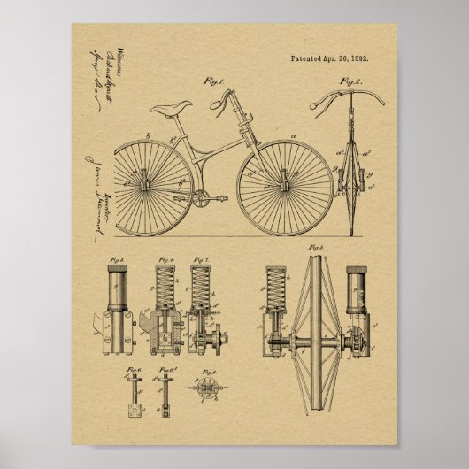 1892 Fahrradaufhängung Design Patent Art Print Poster (Vorne)