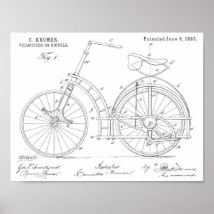 1893 Patentzeichnung einer kettenlosen Fahrradmech Poster
