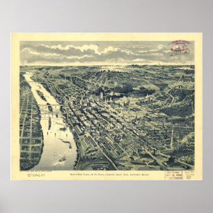 1893 Saint Paul, MN Birds Augen Panoramablick Kart Poster