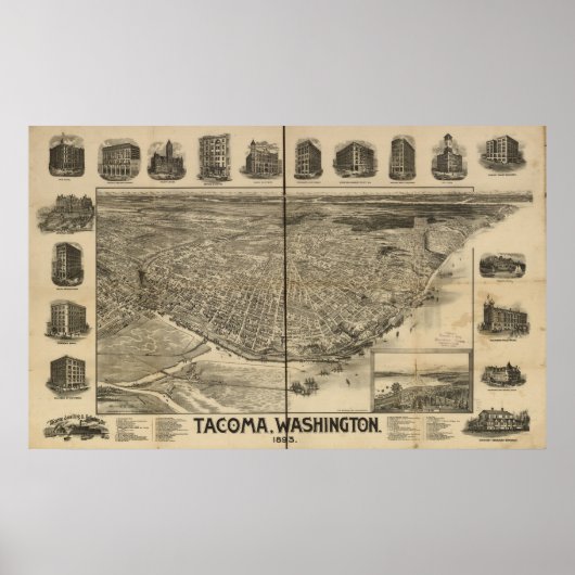 1893 Tacoma, WA Birds Eye Panoramablick Karte Poster (Vorne)