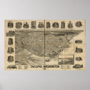 1893 Tacoma, WA Vogel-Augen-Ansicht-panoramische Poster