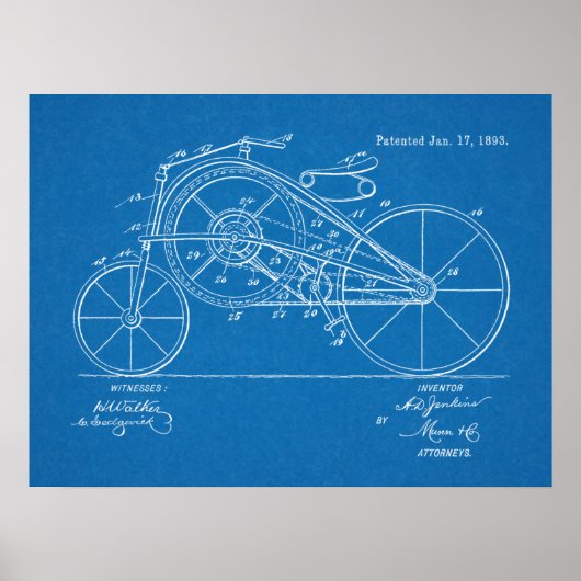 1893 Vintage Bicycle Patent Blueprint Art Print Poster (Vorne)