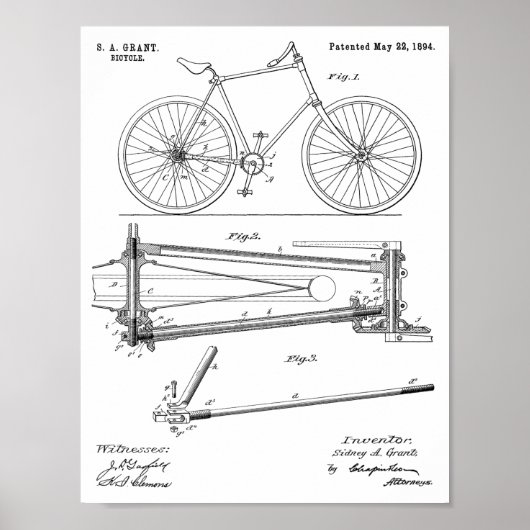 1894 Entwurfs-Patent für kettenloses Fahrrad Kunst Poster (Vorne)