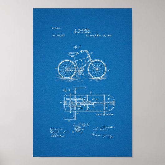 1894 Vintage Bicycle Gears Patent Print Blueprint Poster (Vorne)