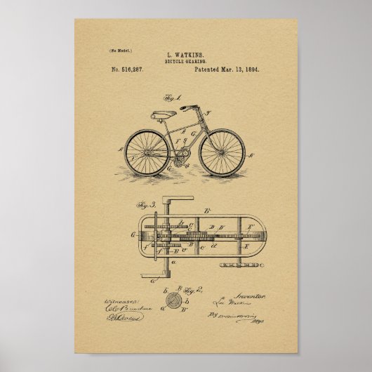 1894 Vintage Fahrradgetriebekunde Patentschrift Poster (Vorne)