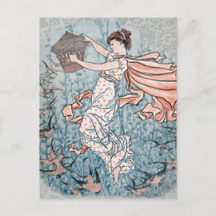 1896 Art Nouveau Illustration mit Frau und Vögeln Postkarte