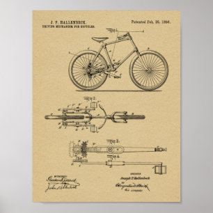 1896 Entwurfspatent für kettenloses Fahrrad Kunstp Poster