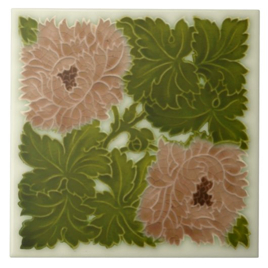 1896 Minton Peony Pink & Green Majolica Tile Repro Fliese (Vorderseite)