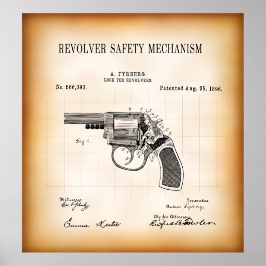 1896 PATENT FÜR DEN REVOLVER-SICHERHEITSMECHANISMU POSTER (Vorne)