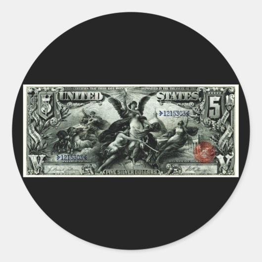 1896 US fünf Dollar-silbernes Zertifikat Runder Aufkleber (Vorderseite)