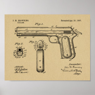 1897 Browning Gun Patent Art Drawing Print Poster