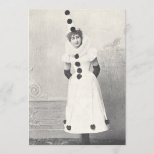 1898 Frau in Clown-Kostüm, antike Fotografie Einladung