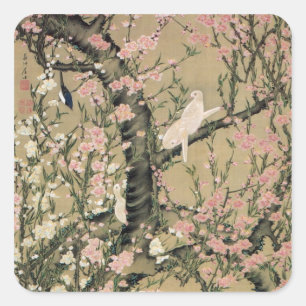 18.桃 花 小 図, 若 Pfirsichblüten & kleine Vögel, Jakuc Quadratischer Aufkleber