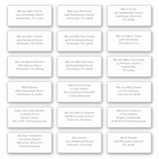 18 Einzeladressen für den Namen eines Hochzeitgäst Aufkleber (Vorderseite)