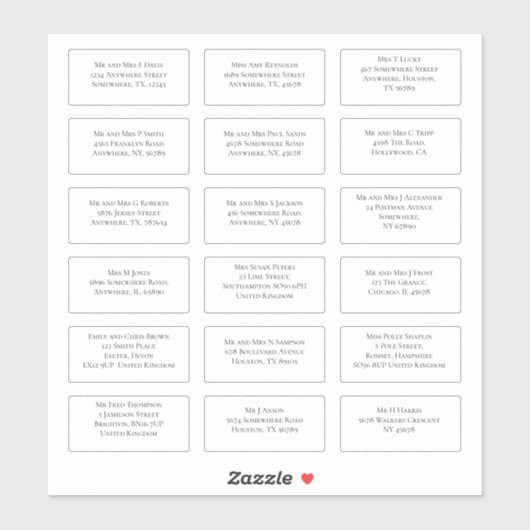 18 Einzeladressen für den Namen eines Hochzeitgäst Aufkleber (Blatt)