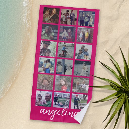 18 FotoCollage mit großem Skript und Hot Pink Strandtuch